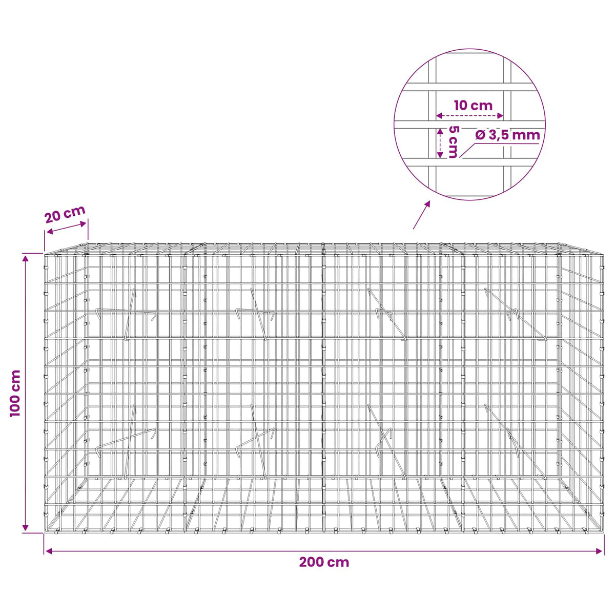 Gabion s žicom debljine 3,5 mm i mrežom 5x10 cm 200x20x100 cm