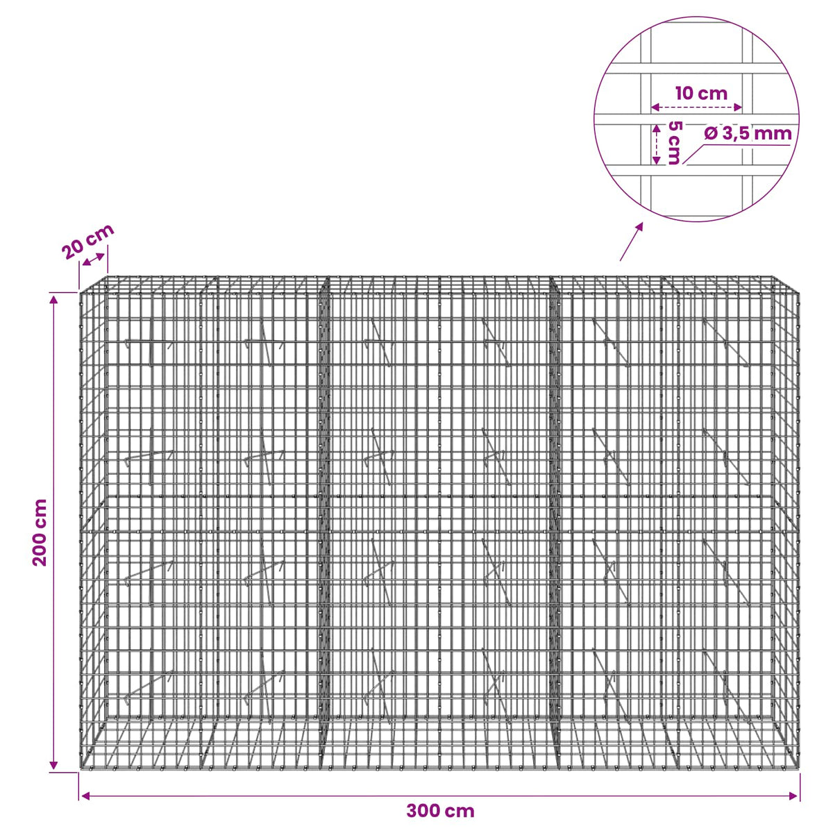 Gabion s žicom debljine 3,5 mm i mrežom 5x10 cm 300x20x200 cm