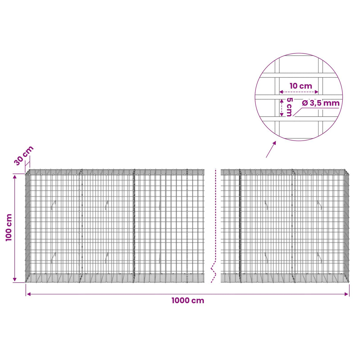 Gabion s žicom debljine 3,5 mm i mrežom 5x10 cm 1000x30x100 cm