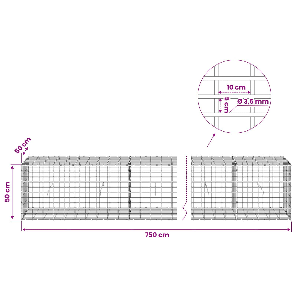 Gabion s žicom debljine 3,5 mm i mrežom 5x10 cm 750x50x50 cm