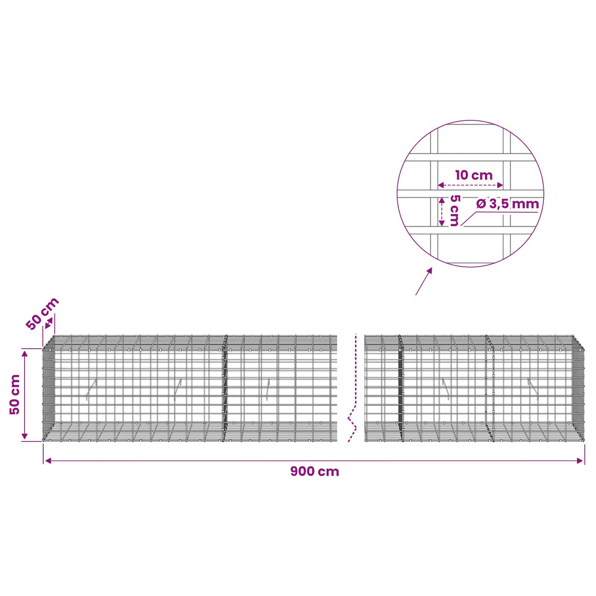 Gabion s žicom debljine 3,5 mm i mrežom 5x10 cm 900x50x50 cm