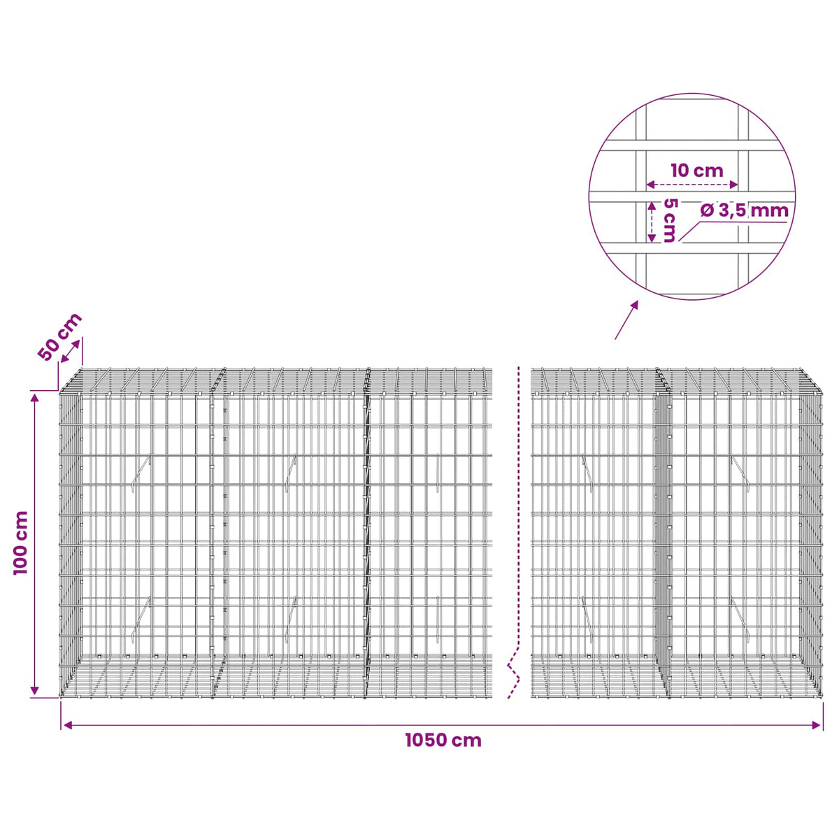 Gabion s žicom debljine 3,5 mm i mrežom 5x10 cm 1050x50x100 cm