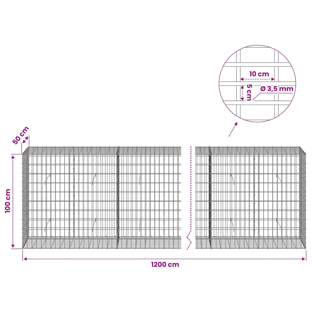 Gabion s žicom debljine 3,5 mm i mrežom 5x10 cm 1200x50x100 cm