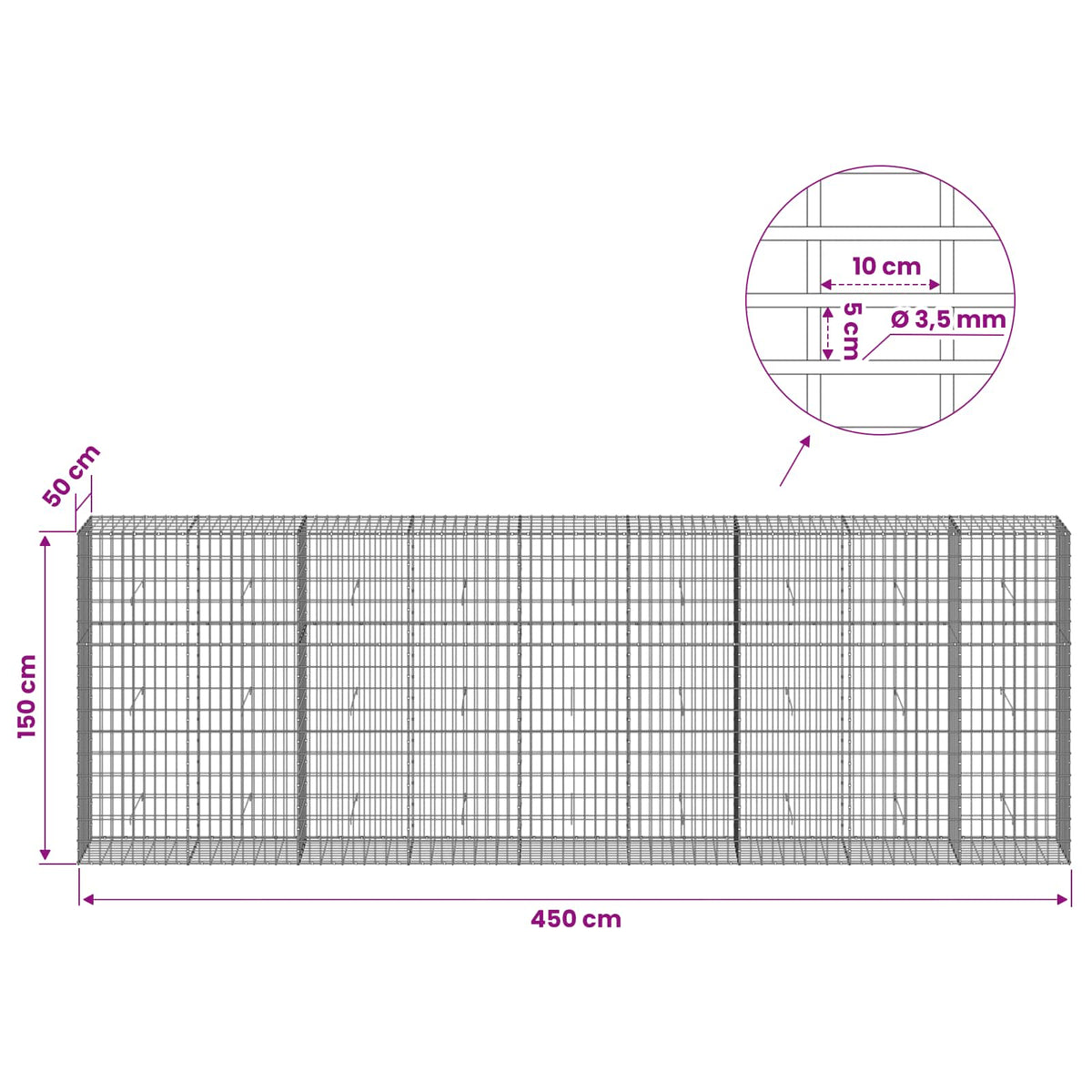 Gabion s žicom debljine 3,5 mm i mrežom 5x10 cm 450x50x150 cm