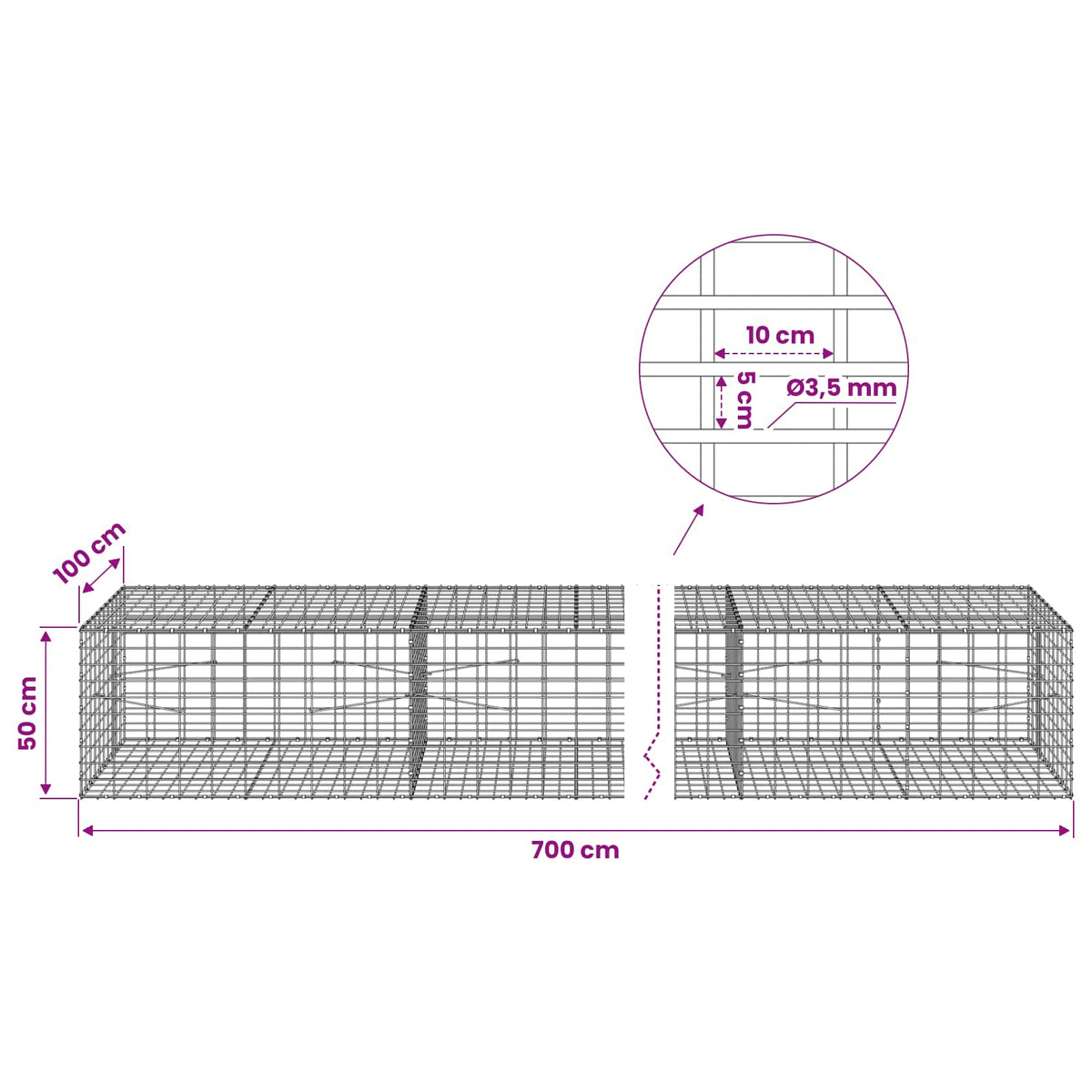 Gabion s žicom debljine 3,5 mm i mrežom 5x10 cm 700x100x50 cm