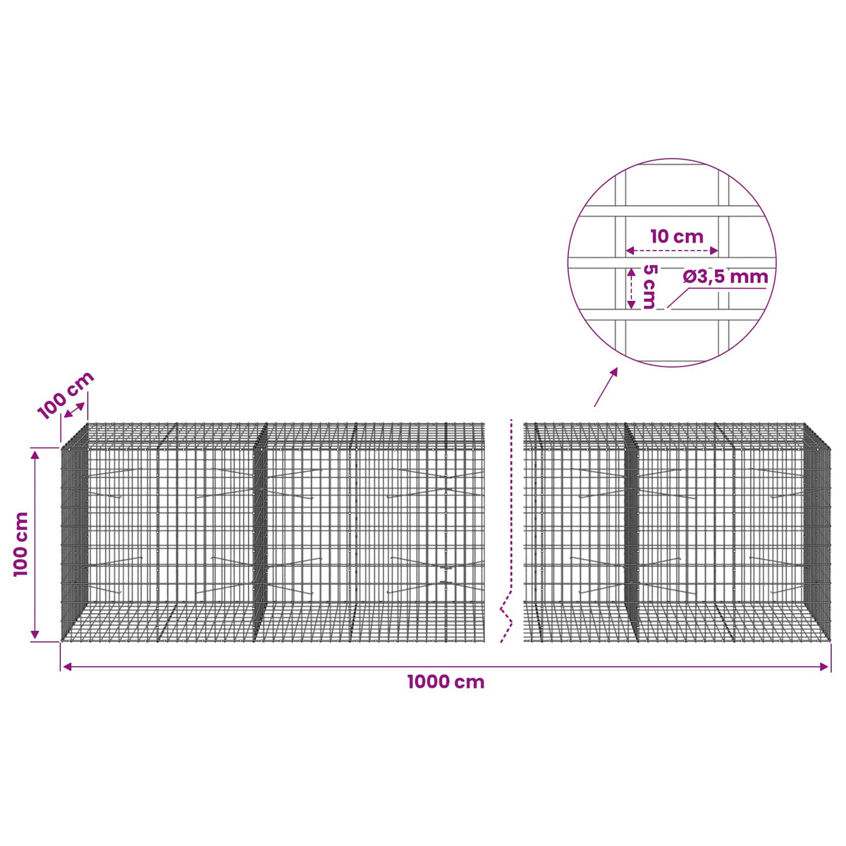 Gabion s žicom debljine 3,5 mm i mrežom 5x10 cm 1000x100x100 cm