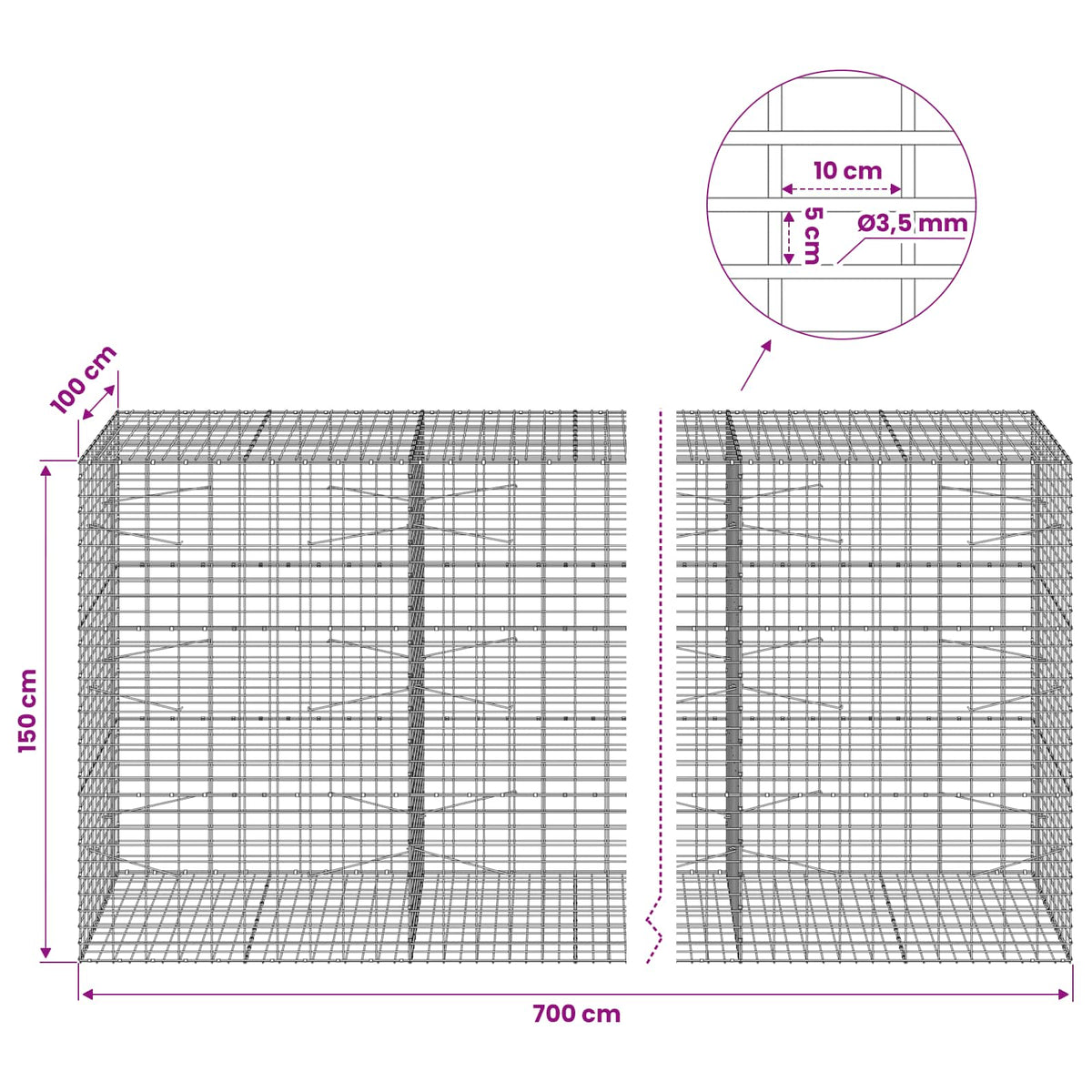 Gabion s žicom debljine 3,5 mm i mrežom 5x10 cm 700x100x150 cm
