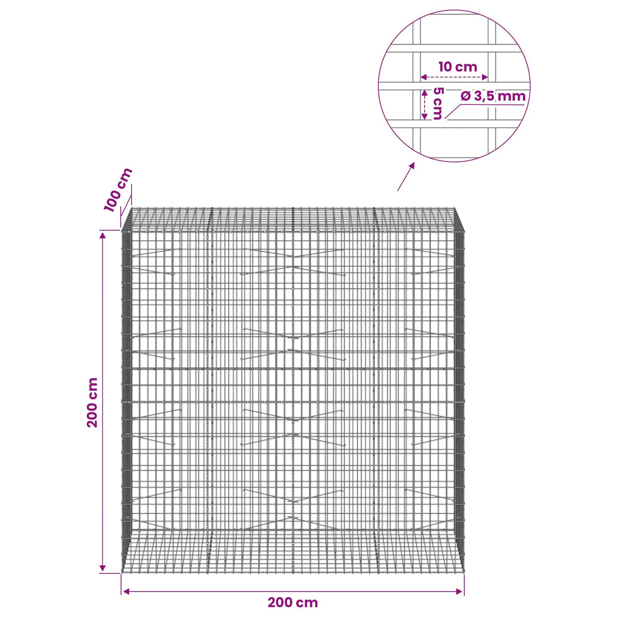 Gabion s žicom debljine 3,5 mm i mrežom 5x10 cm 200x100x200 cm
