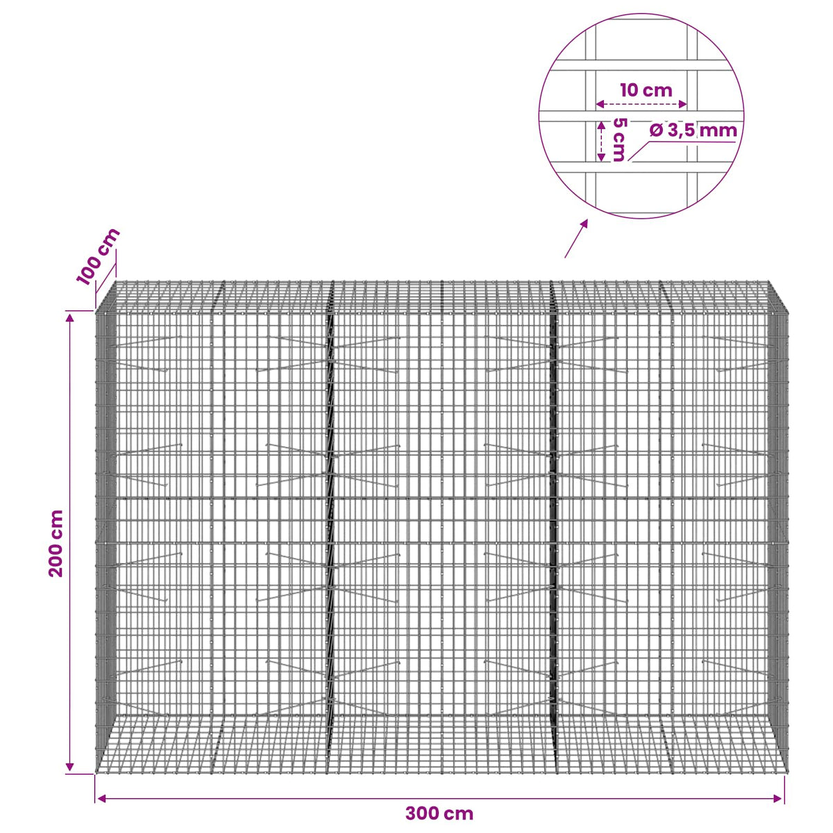 Gabion s žicom debljine 3,5 mm i mrežom 5x10 cm 300x100x200 cm