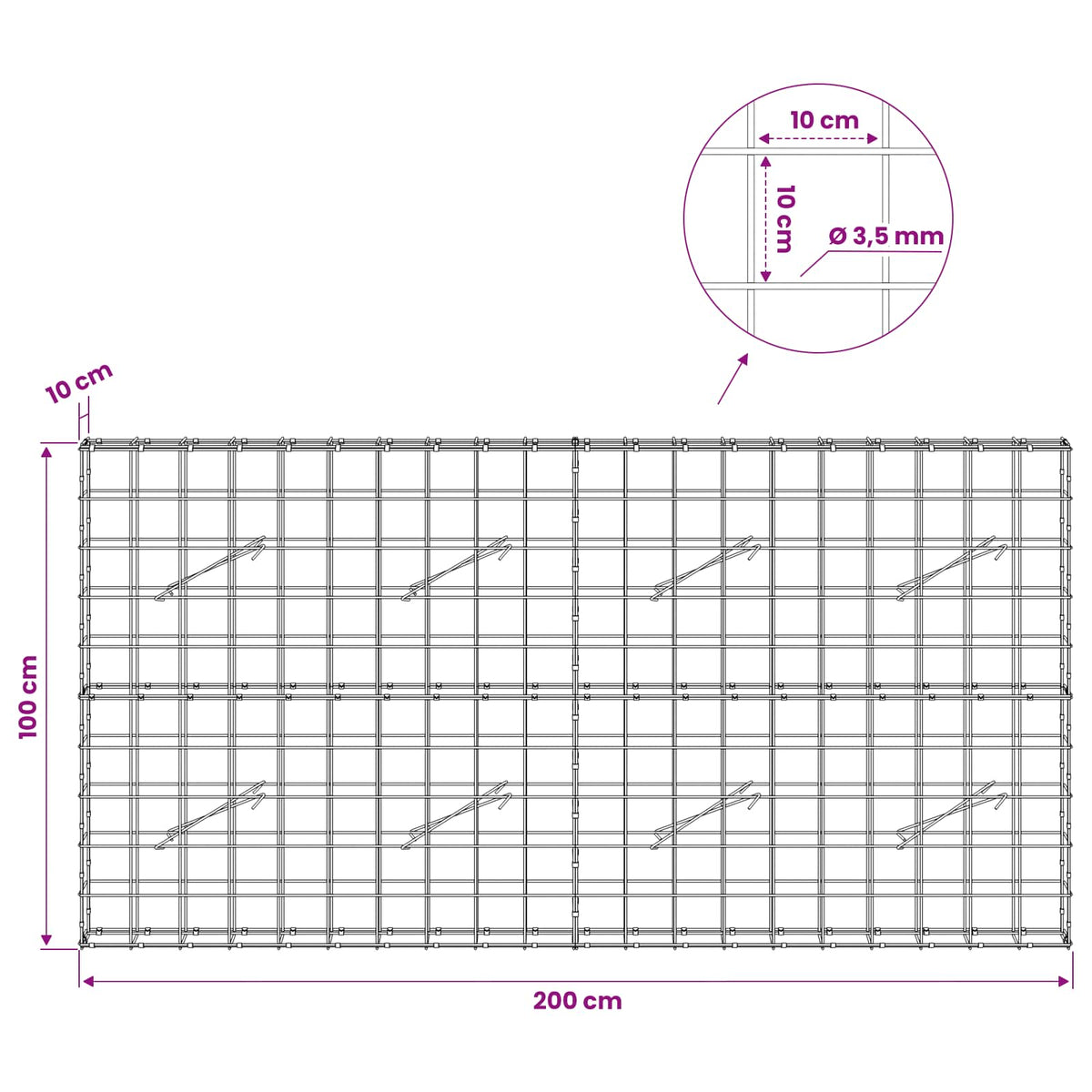 Gabion s žicom debljine 3,5 mm i mrežom 10x10 cm 200x10x100 cm