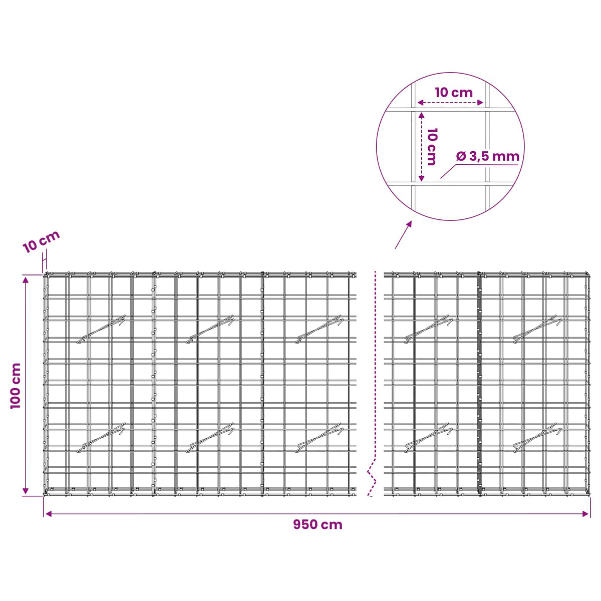 Gabion s žicom debljine 3,5 mm i mrežom 10x10 cm 950x10x100 cm