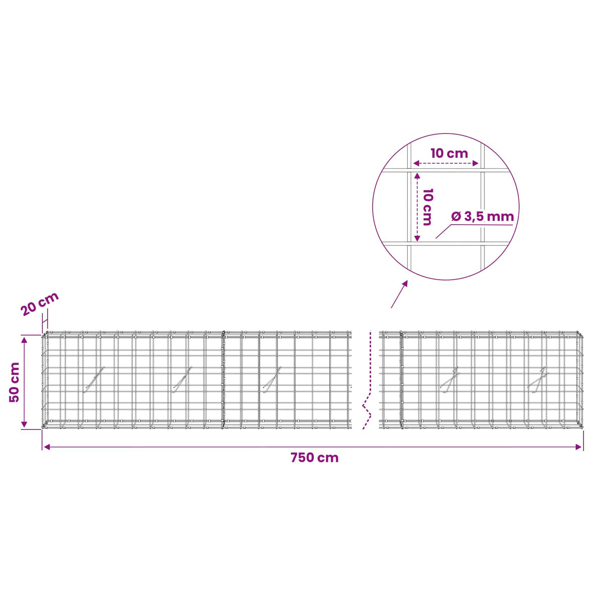 Gabion s žicom debljine 3,5 mm i mrežom 10x10 cm 750x20x50 cm