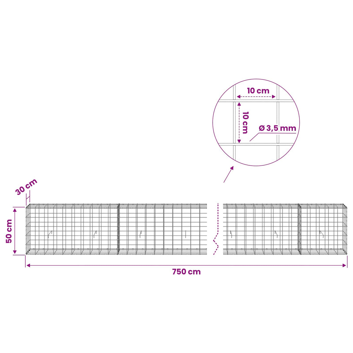 Gabion s žicom debljine 3,5 mm i mrežom 10x10 cm 750x30x50 cm