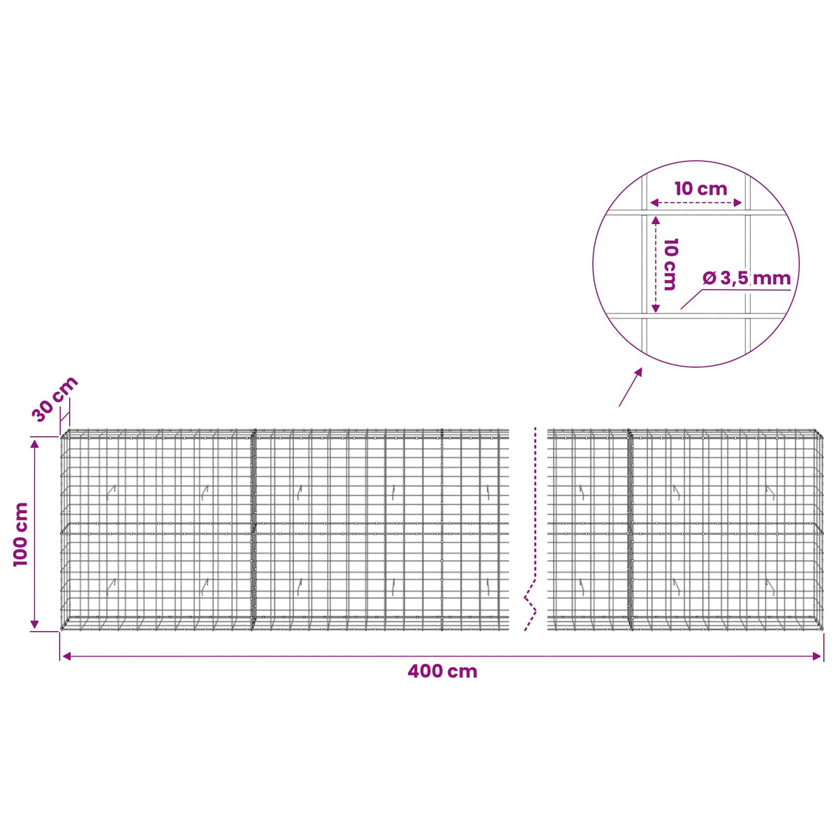 Gabion s žicom debljine 3,5 mm i mrežom 10x10 cm 400x30x100 cm