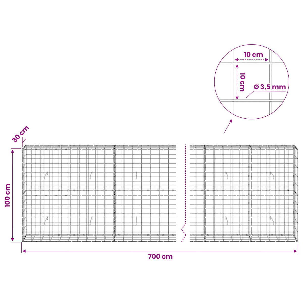 Gabion s žicom debljine 3,5 mm i mrežom 10x10 cm 700x30x100 cm