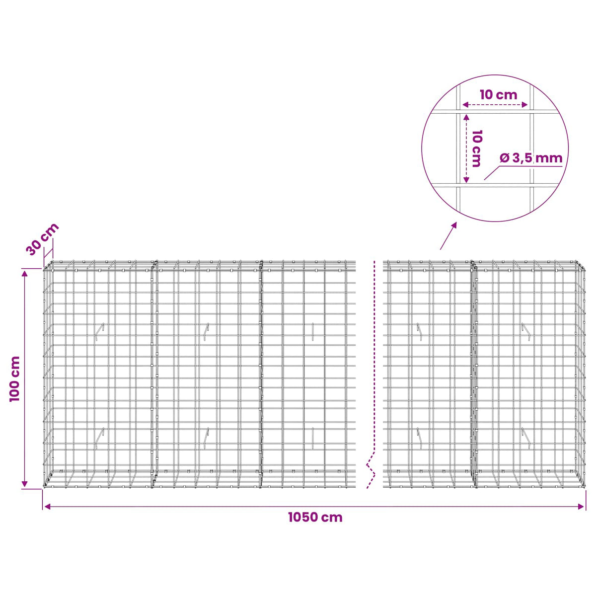 Gabion s žicom debljine 3,5 mm i mrežom 10x10 cm 1050x30x100 cm