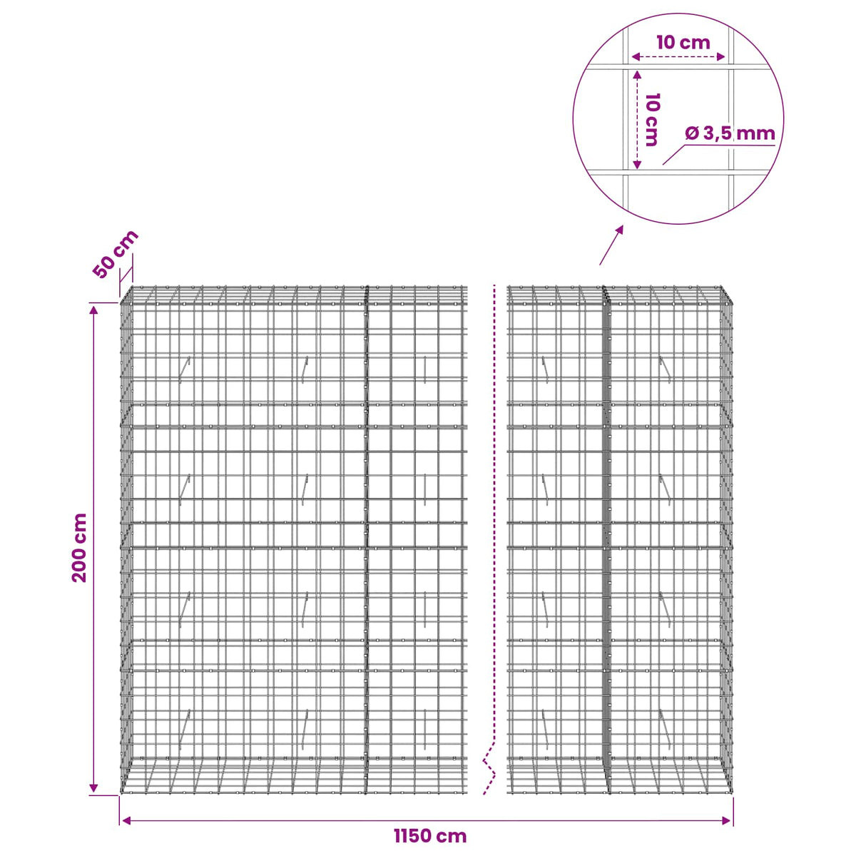 Gabion s žicom debljine 3,5 mm i mrežom 10x10 cm 1150x50x200 cm