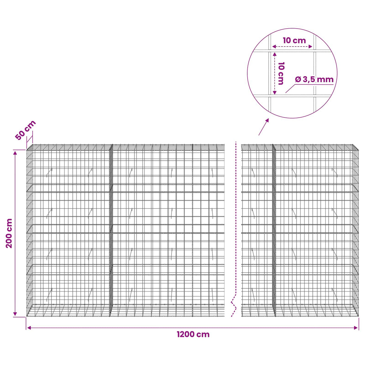 Gabion s žicom debljine 3,5 mm i mrežom 10x10 cm 1200x50x200 cm