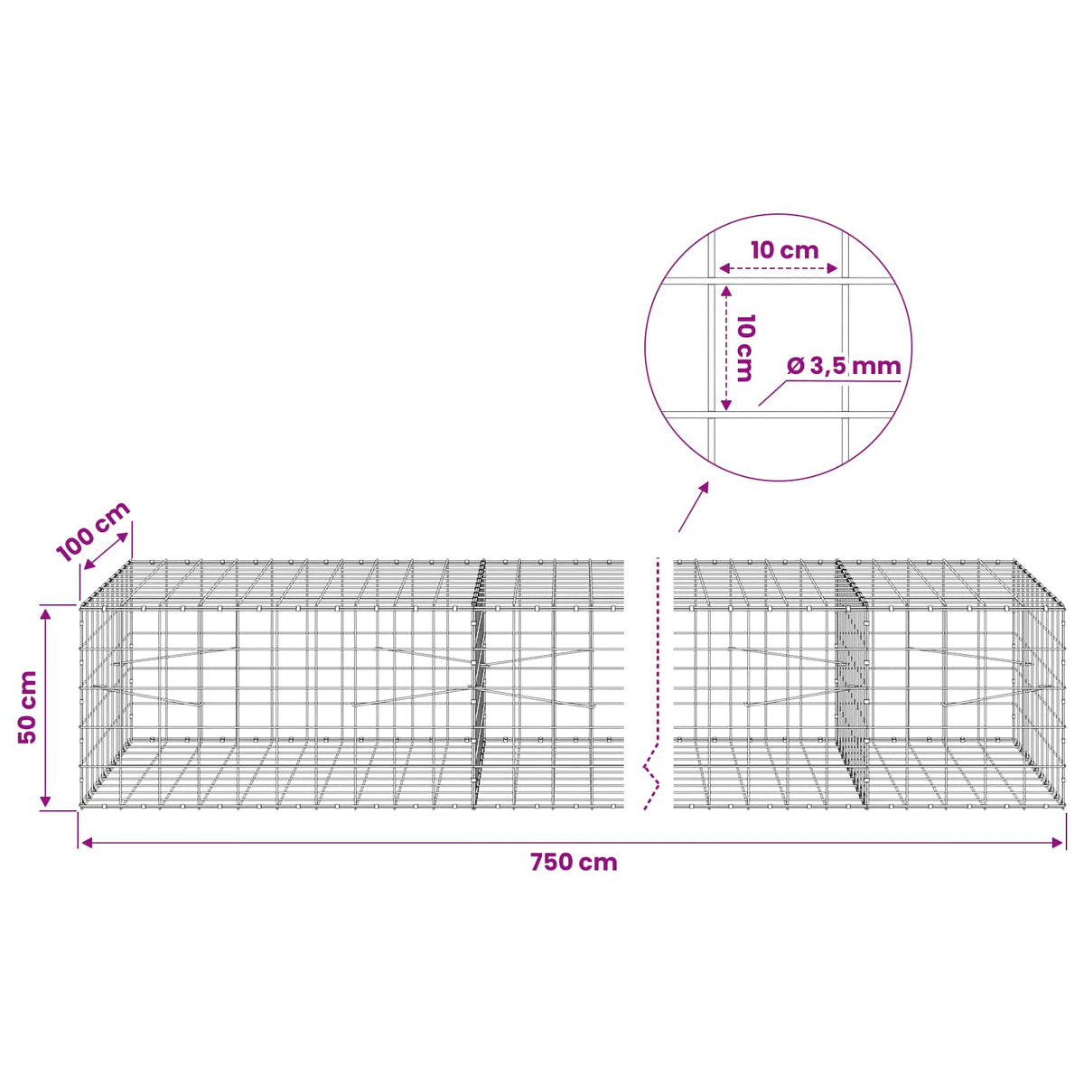 Gabion s žicom debljine 3,5 mm i mrežom 10x10 cm 750x100x50 cm