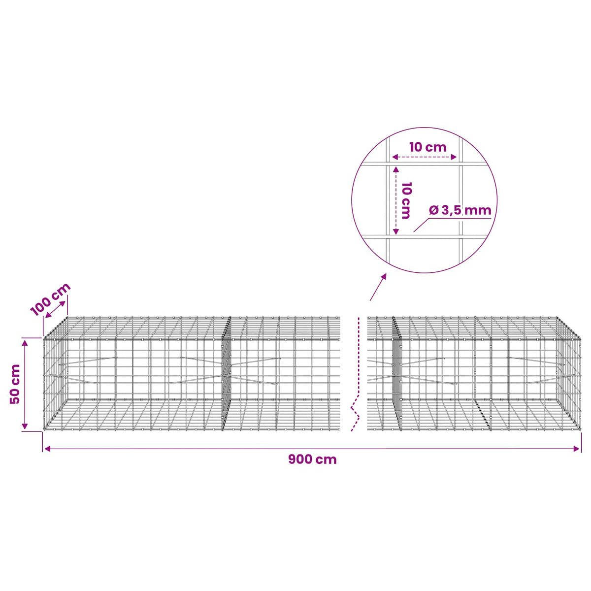 Gabion s žicom debljine 3,5 mm i mrežom 10x10 cm 900x100x50 cm
