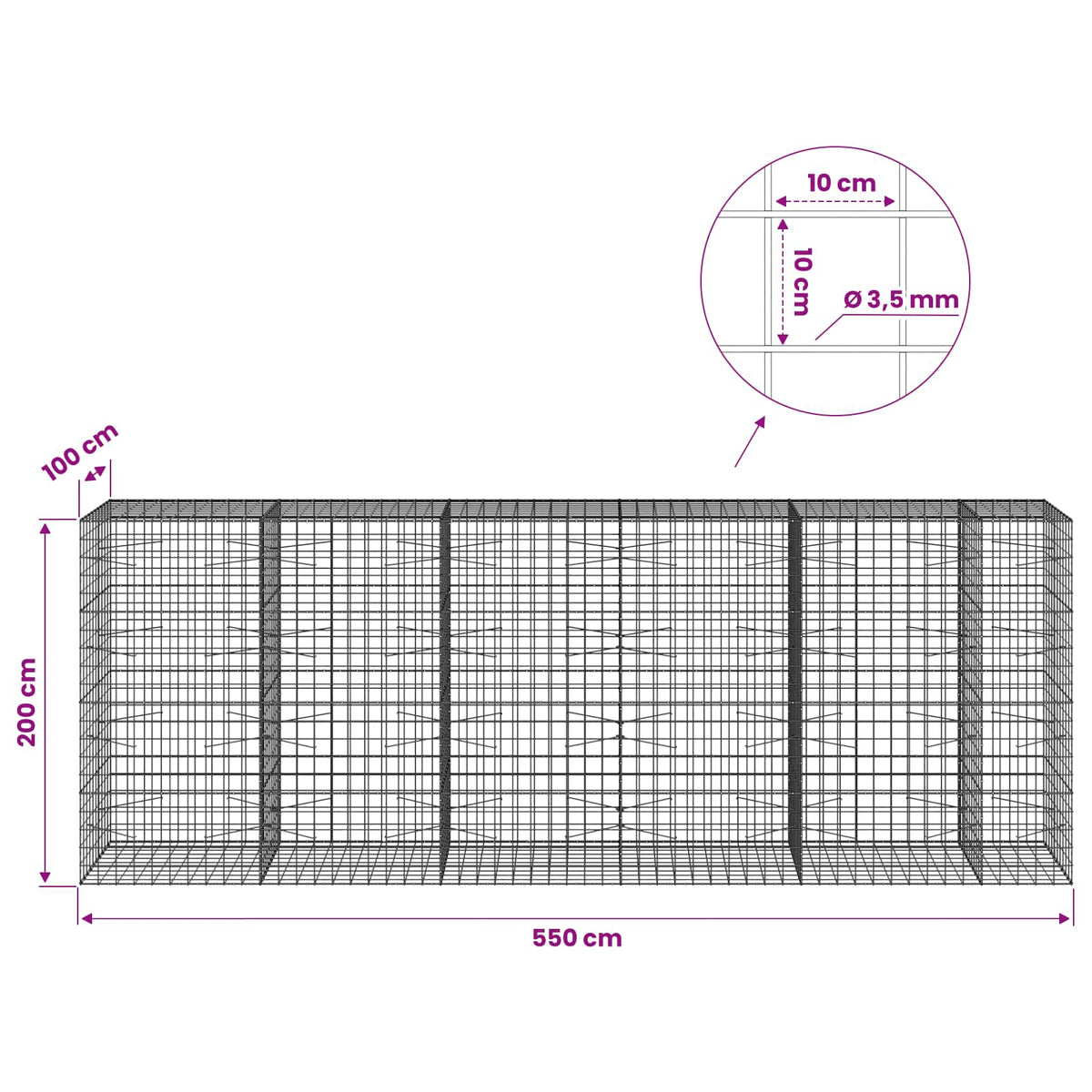 Gabion s žicom debljine 3,5 mm i mrežom 10x10 cm 550x100x200 cm