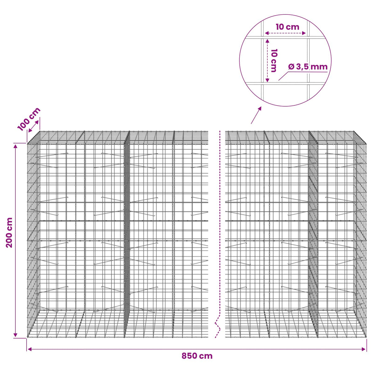 Gabion s žicom debljine 3,5 mm i mrežom 10x10 cm 850x100x200 cm