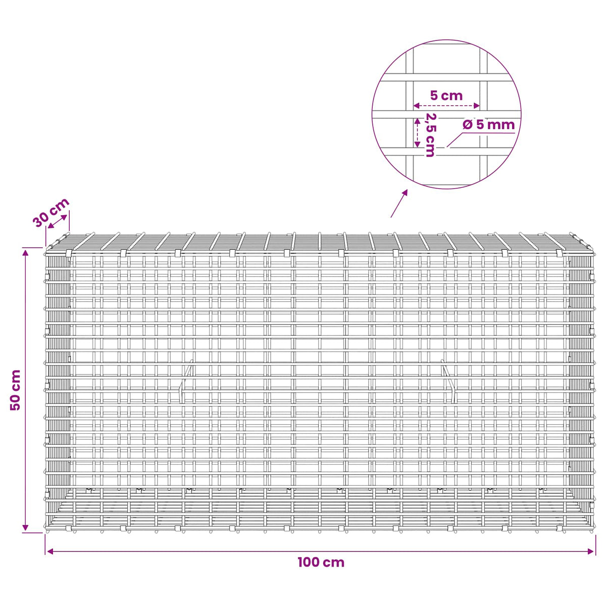 Gabion s žicom debljine 5 mm i mrežom 5x2,5 cm 100x30x50 cm