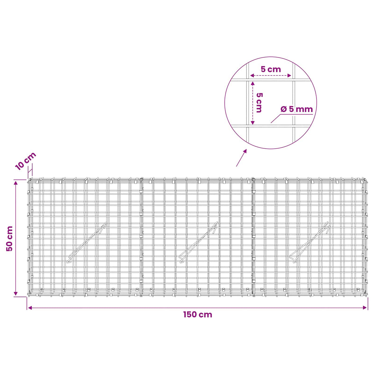 Gabion s 5 mm žicom i mrežom 5x5 cm 150x10x50 cm
