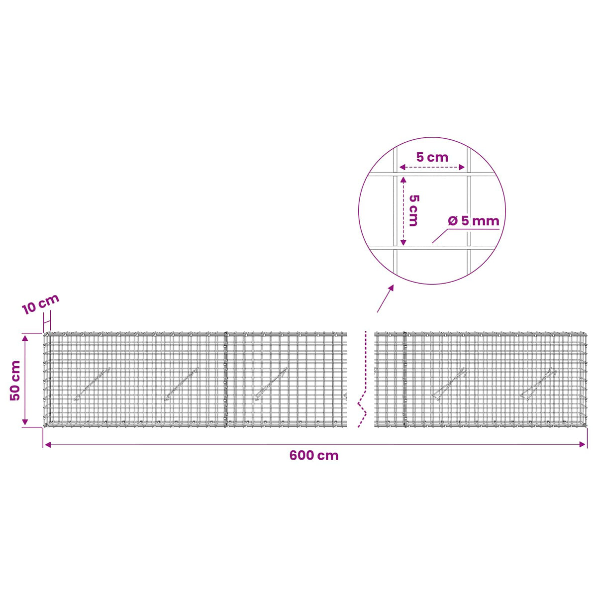 Gabion s 5 mm žicom i mrežom 5x5 cm 600x10x50 cm