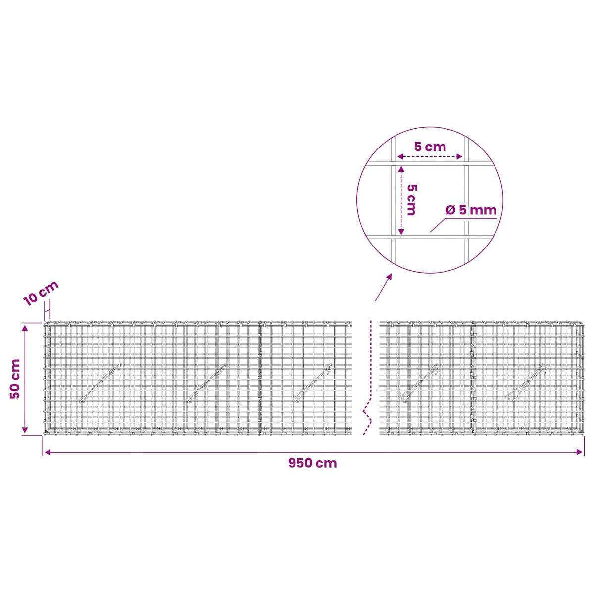 Gabion s 5 mm žicom i mrežom 5x5 cm 950x10x50 cm
