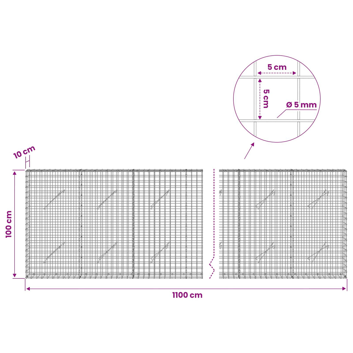 Gabion s 5 mm žicom i mrežom 5x5 cm 1100x10x100 cm
