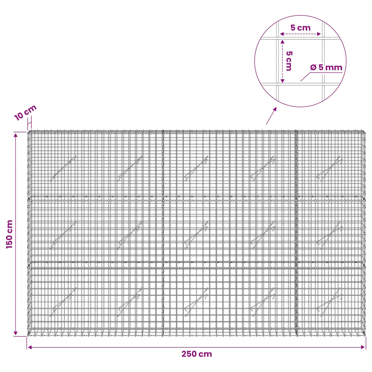 Gabion s 5 mm žicom i mrežom 5x5 cm 250x10x150 cm