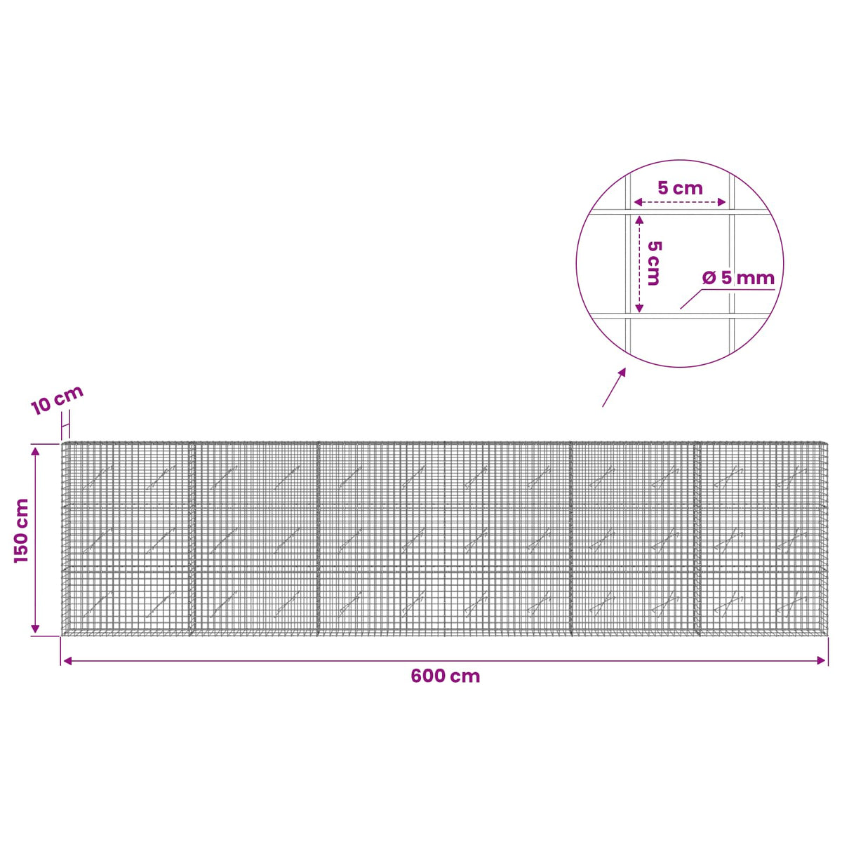 Gabion s 5 mm žicom i mrežom 5x5 cm 600x10x150 cm