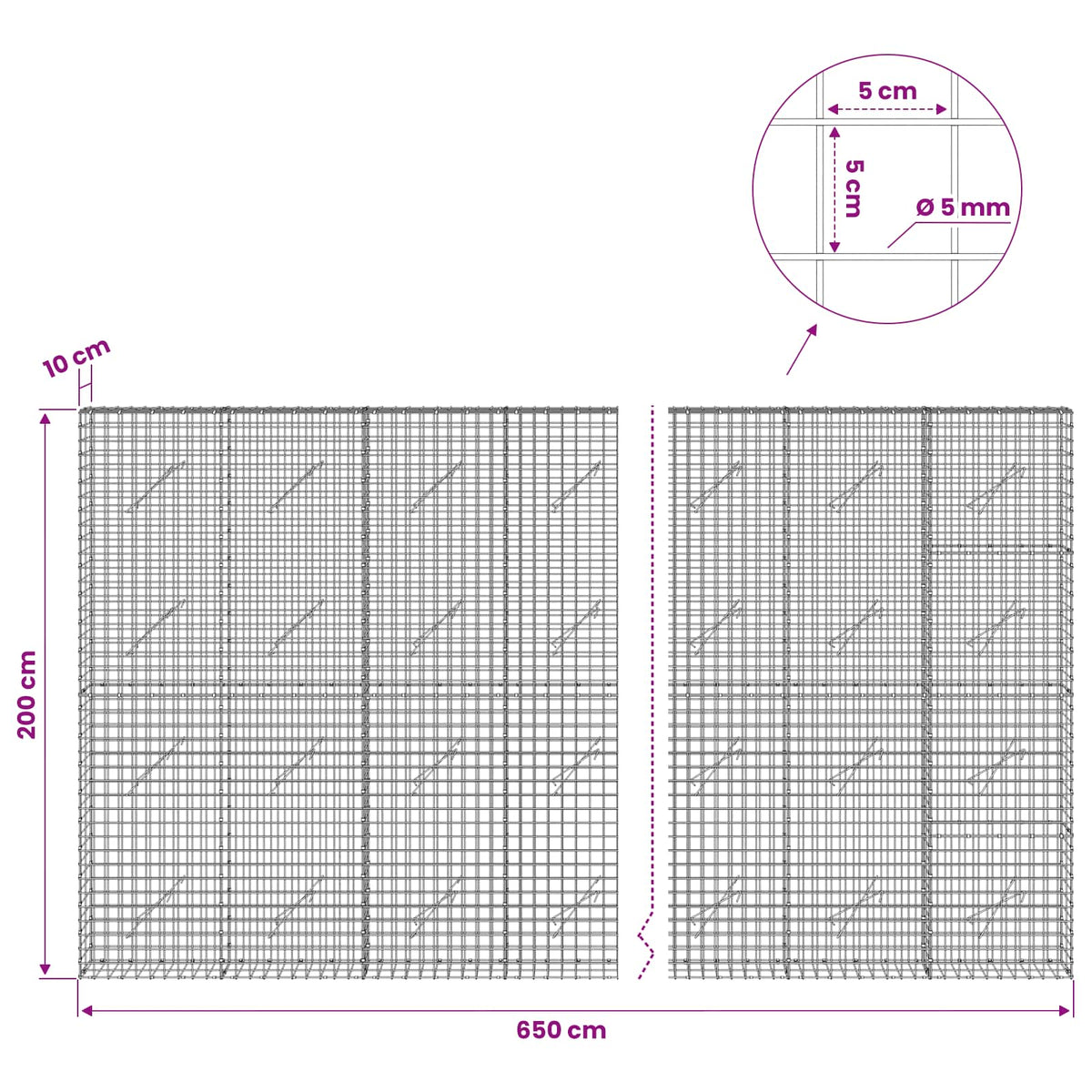 Gabion s 5 mm žicom i mrežom 5x5 cm 650x10x200 cm