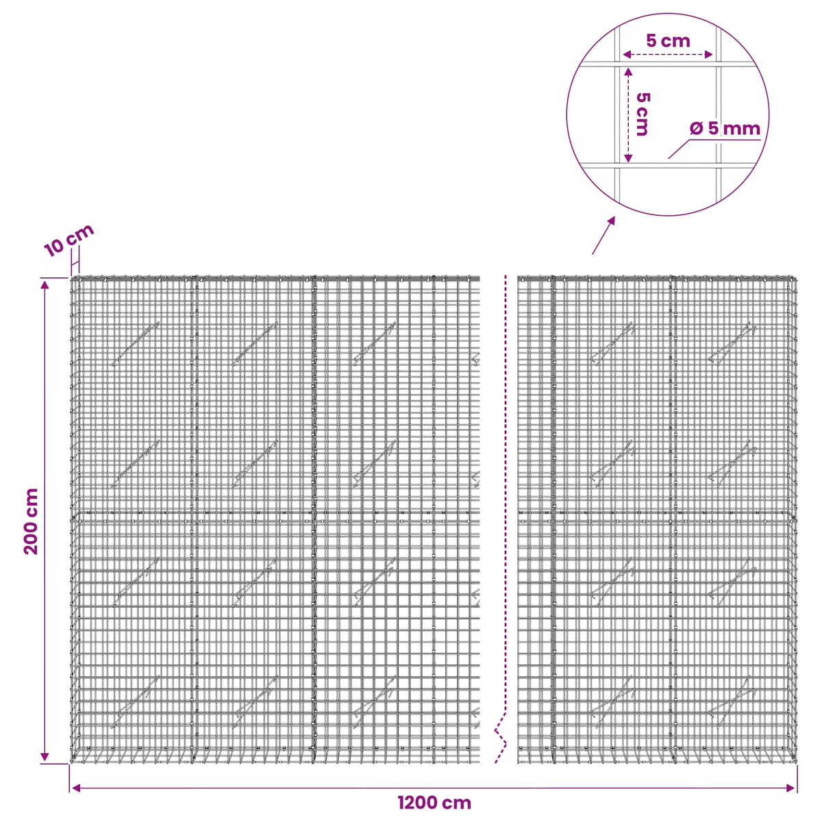 Gabion s 5 mm žicom i mrežom 5x5 cm 1200x10x200 cm