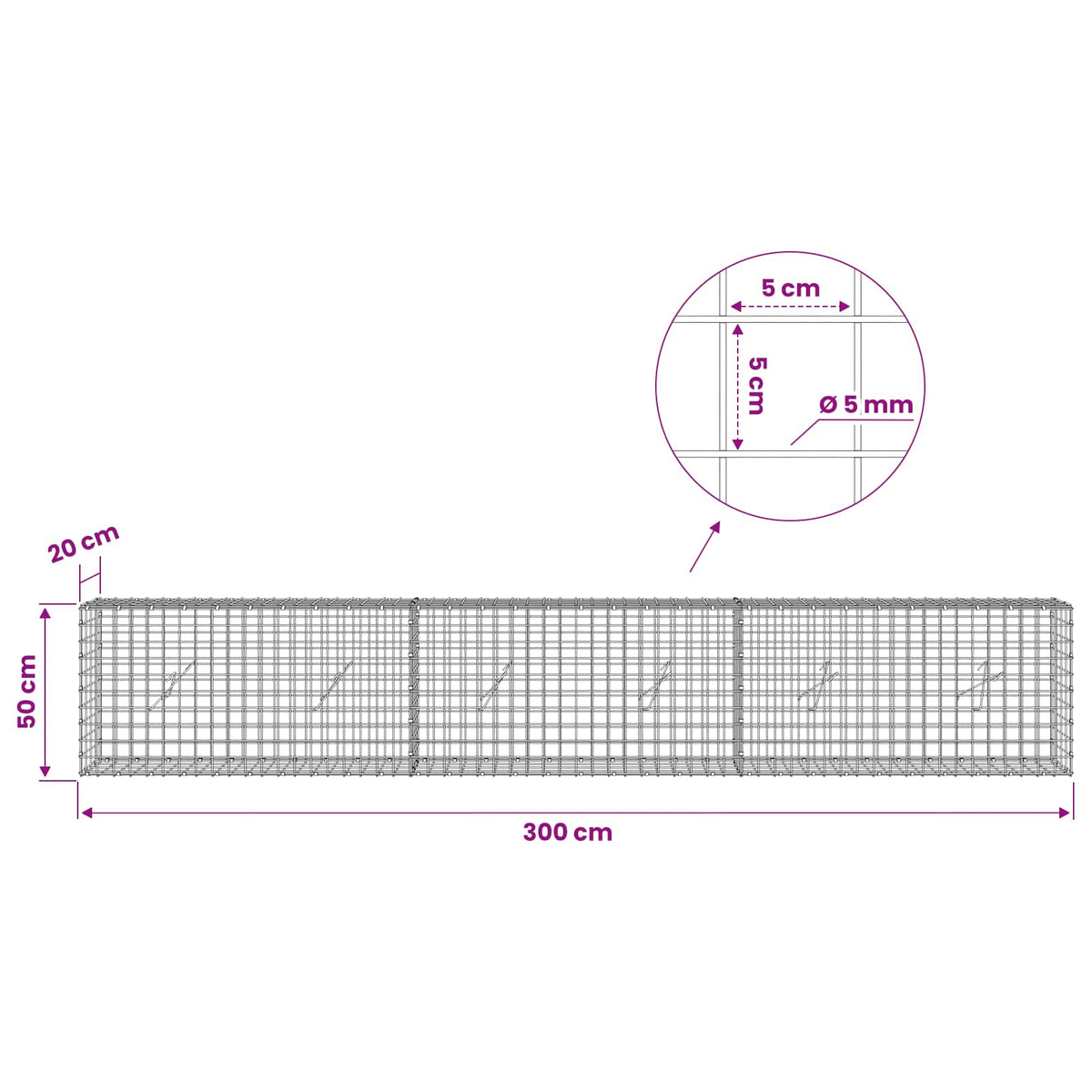 Gabion s 5 mm žicom i mrežom 5x5 cm 300x20x50 cm