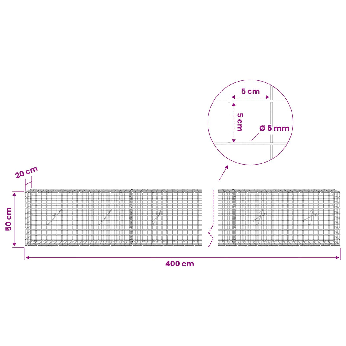 Gabion s 5 mm žicom i mrežom 5x5 cm 400x20x50 cm