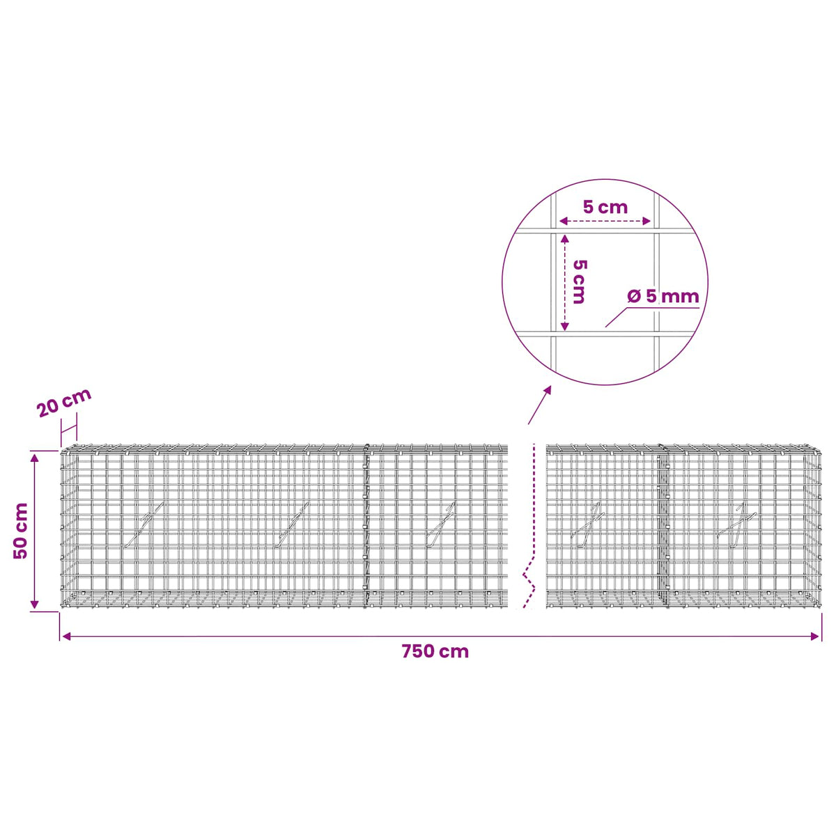 Gabion s 5 mm žicom i mrežom 5x5 cm 750x20x50 cm