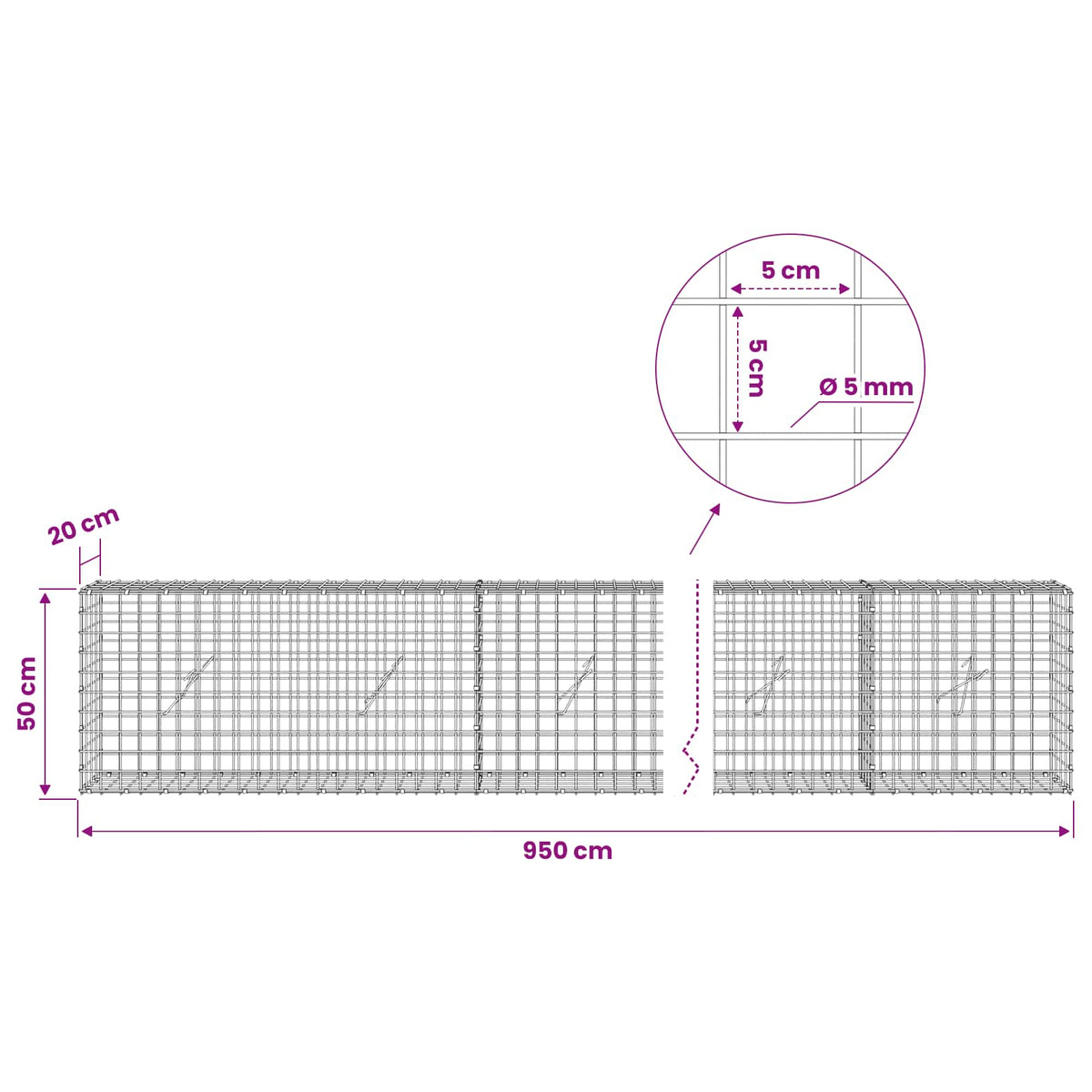Gabion s 5 mm žicom i mrežom 5x5 cm 950x20x50 cm