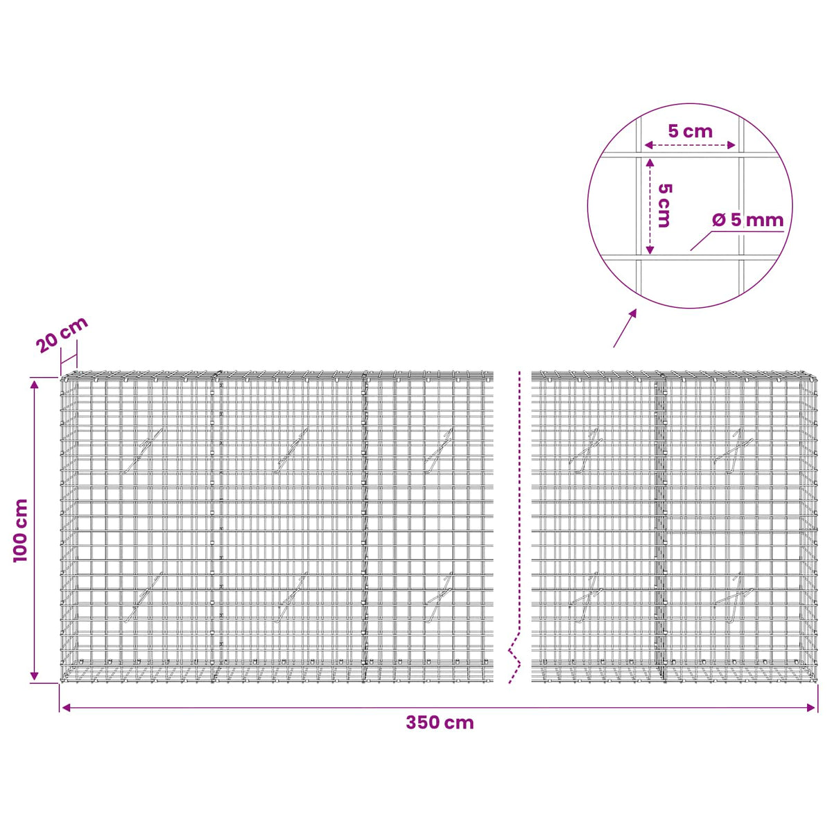 Gabion s 5 mm žicom i mrežom 5x5 cm 350x20x100 cm