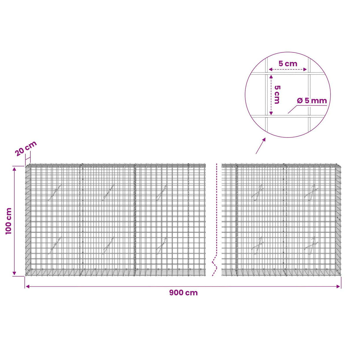 Gabion s 5 mm žicom i mrežom 5x5 cm 900x20x100 cm