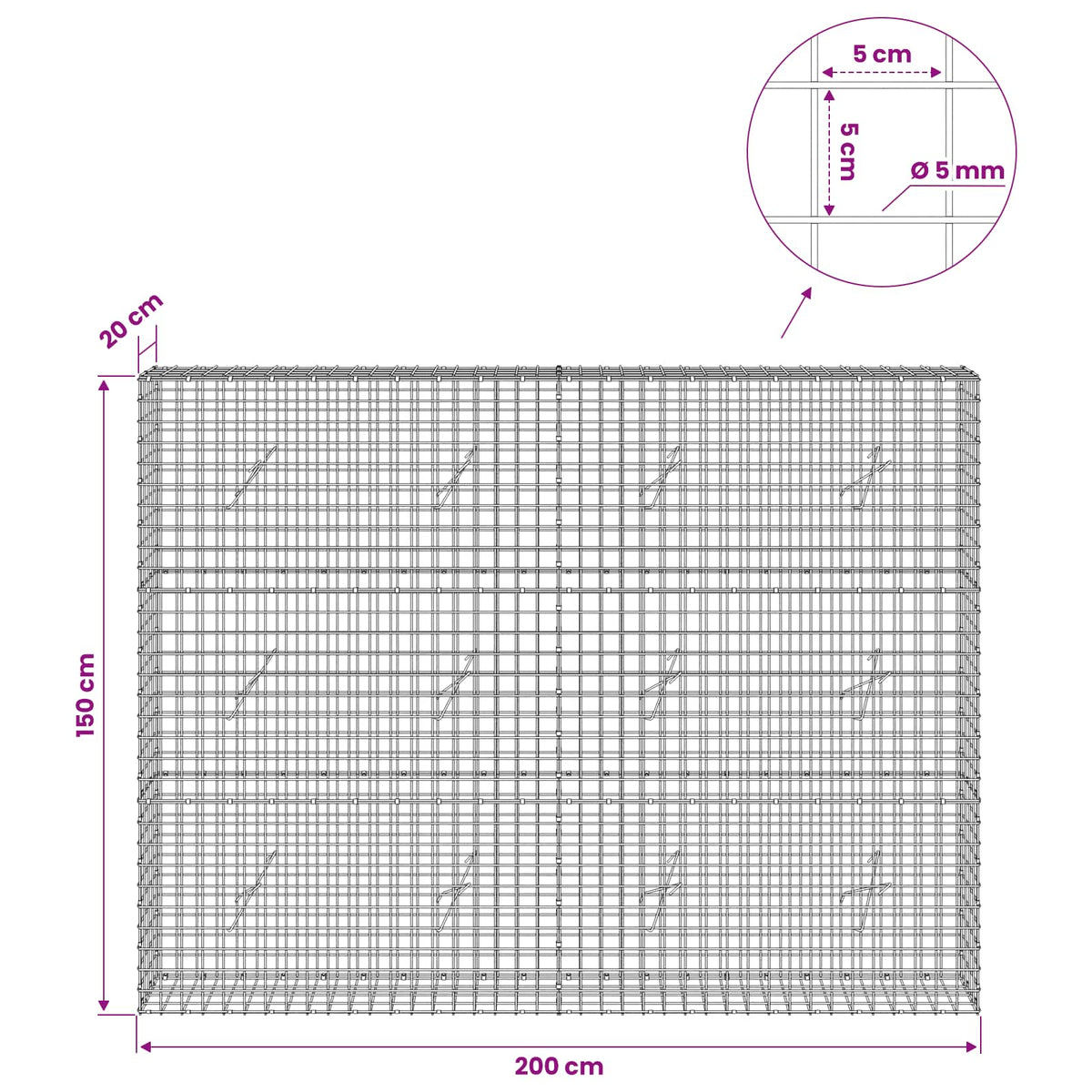 Gabion s 5 mm žicom i mrežom 5x5 cm 200x20x150 cm