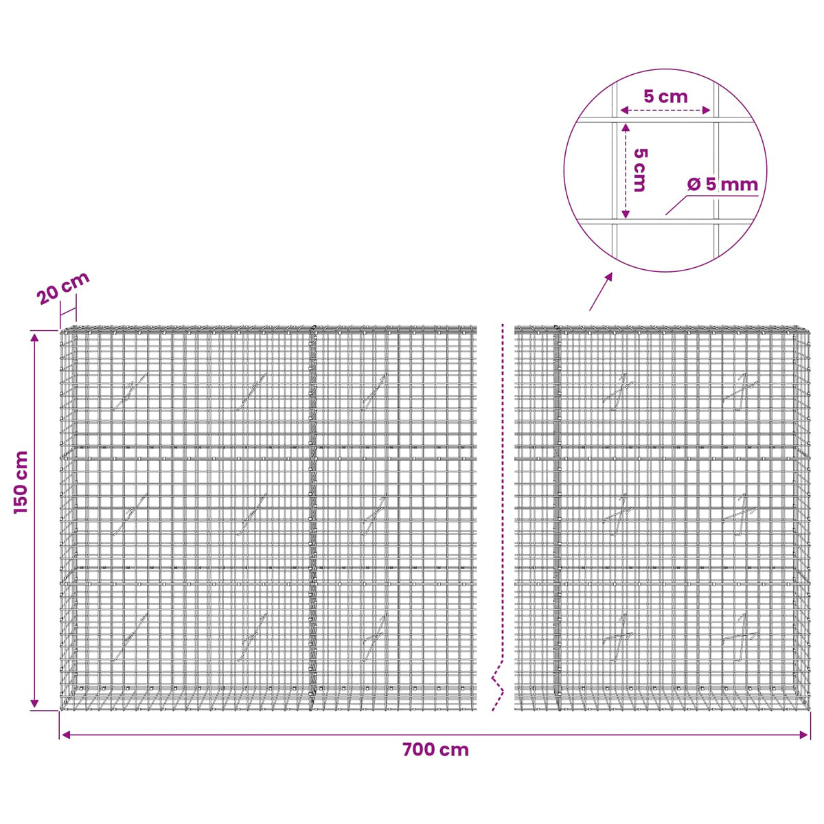 Gabion s 5 mm žicom i mrežom 5x5 cm 700x20x150 cm