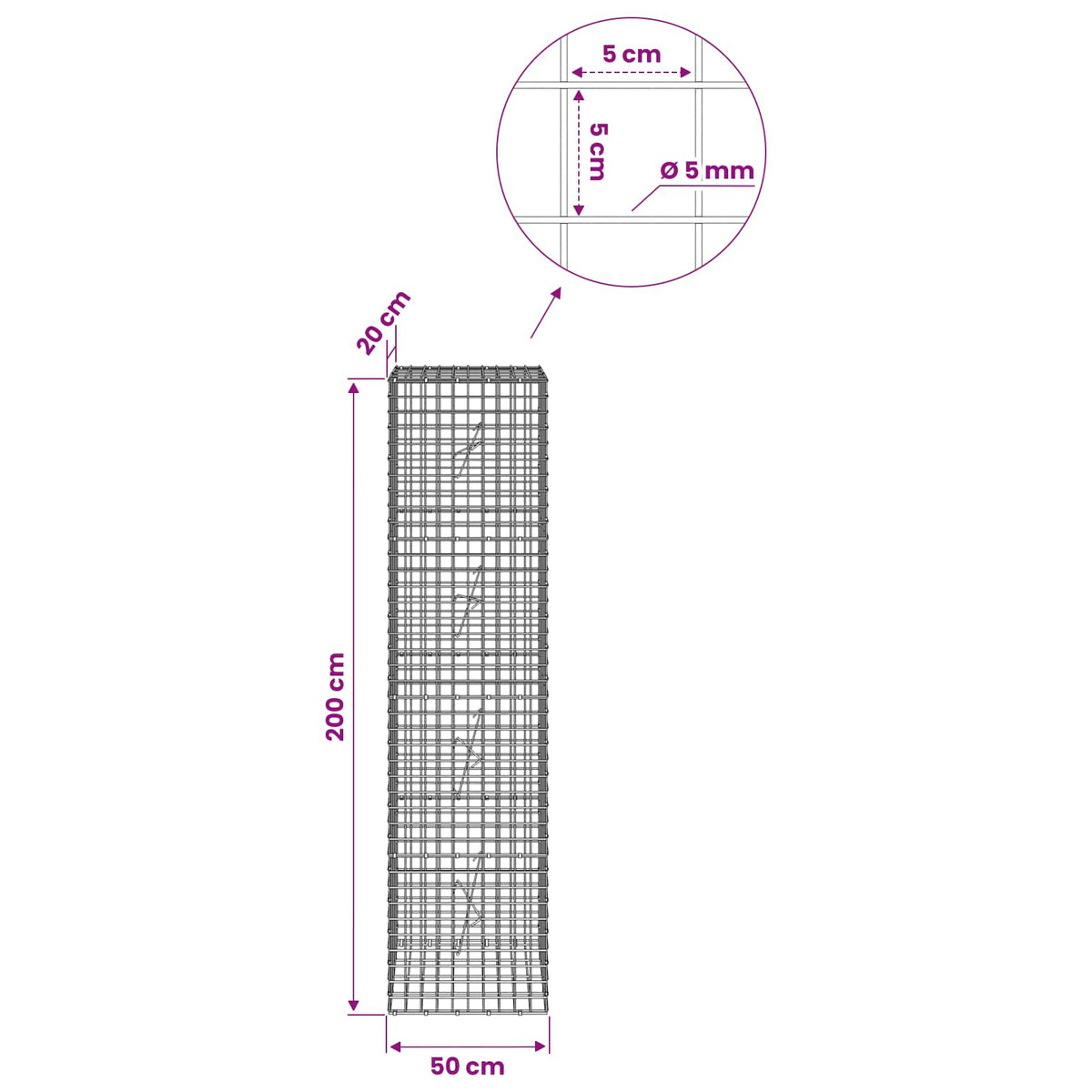 Gabion s 5 mm žicom i mrežom 5x5 cm 50x20x200 cm