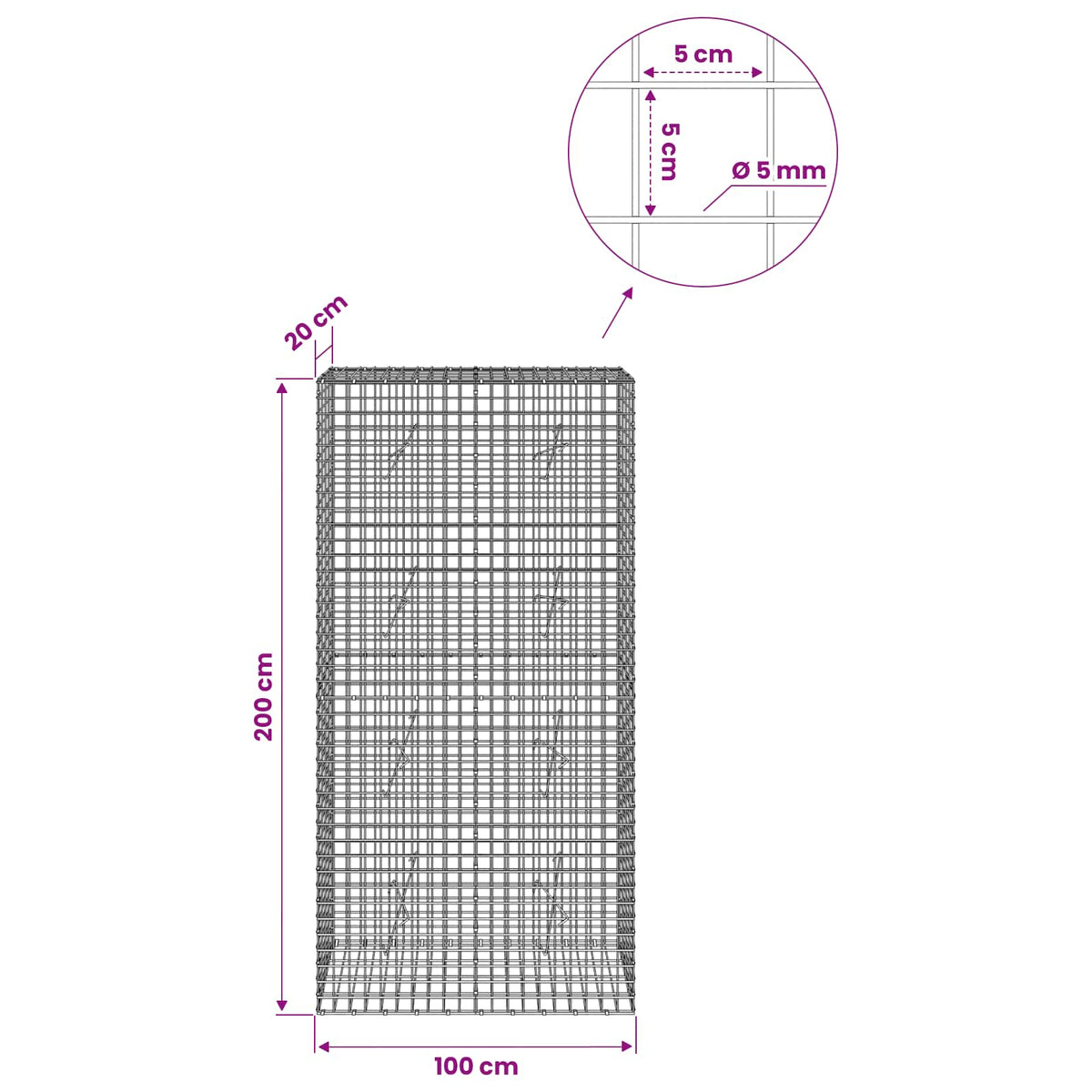 Gabion s 5 mm žicom i mrežom 5x5 cm 100x20x200 cm