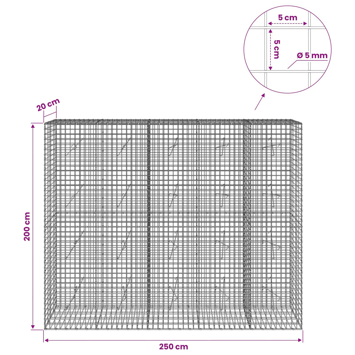 Gabion s 5 mm žicom i mrežom 5x5 cm 250x20x200 cm