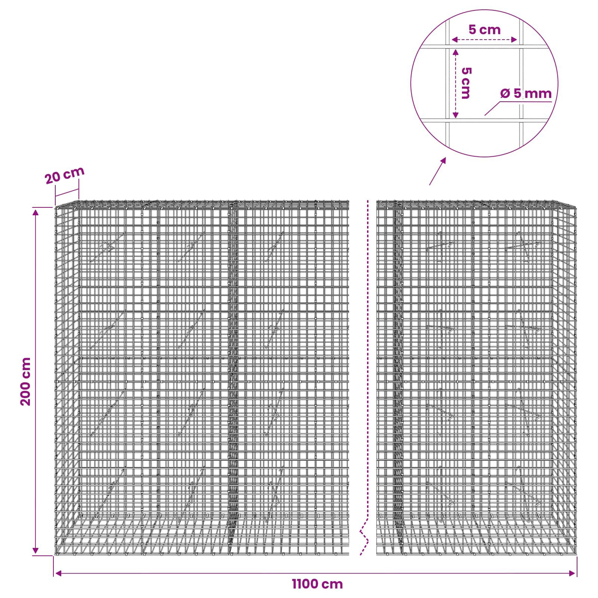 Gabion s 5 mm žicom i mrežom 5x5 cm 1100x20x200 cm