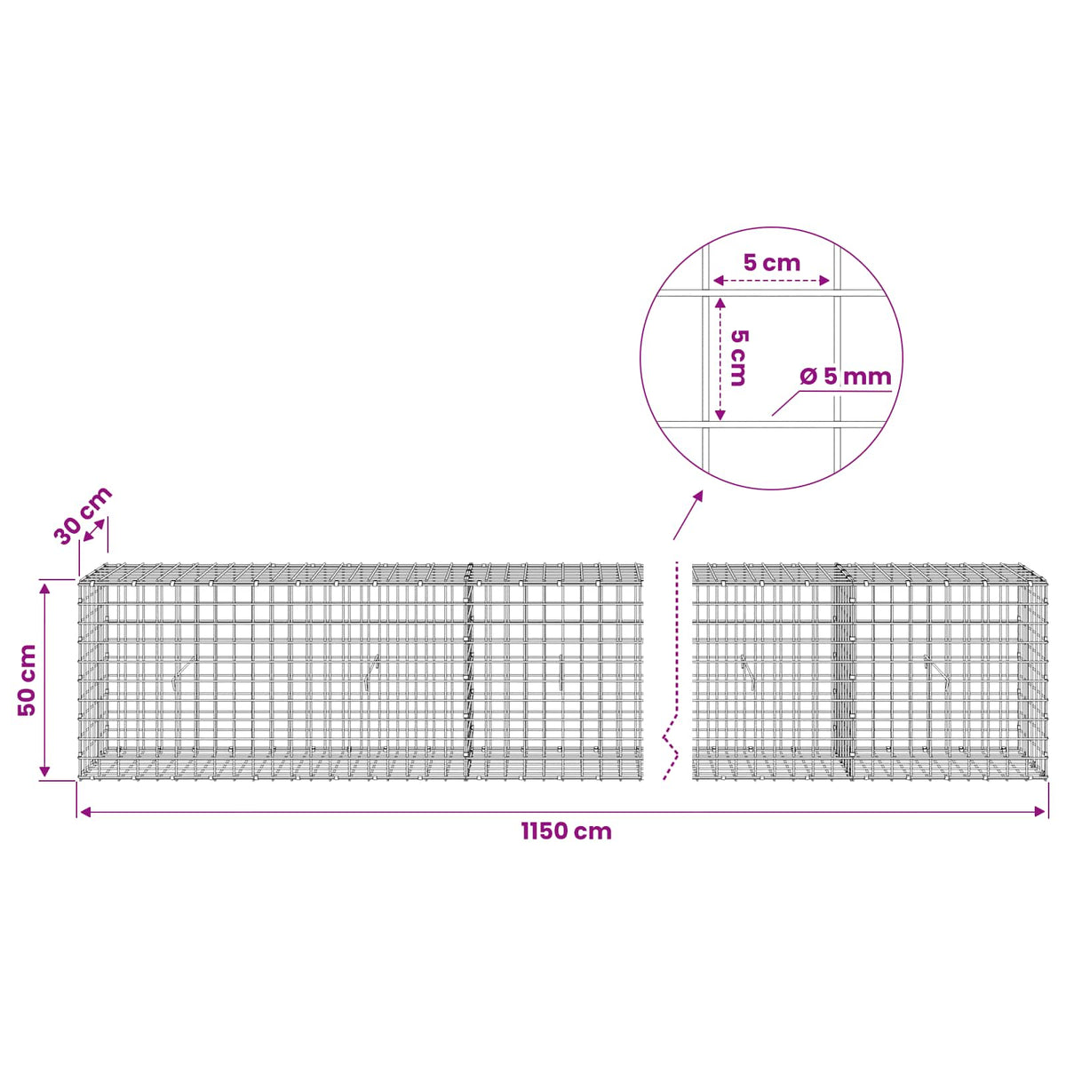 Gabion s 5 mm žicom i mrežom 5x5 cm 1150x30x50 cm