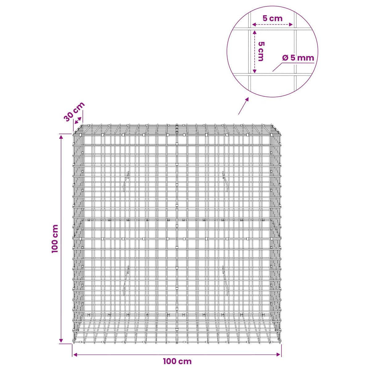 Gabion s 5 mm žicom i mrežom 5x5 cm 100x30x100 cm