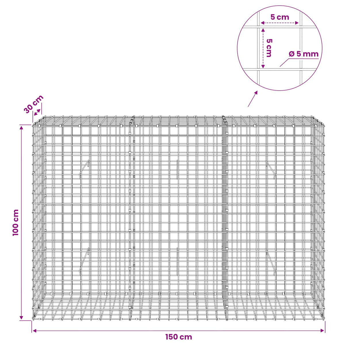 Gabion s 5 mm žicom i mrežom 5x5 cm 150x30x100 cm